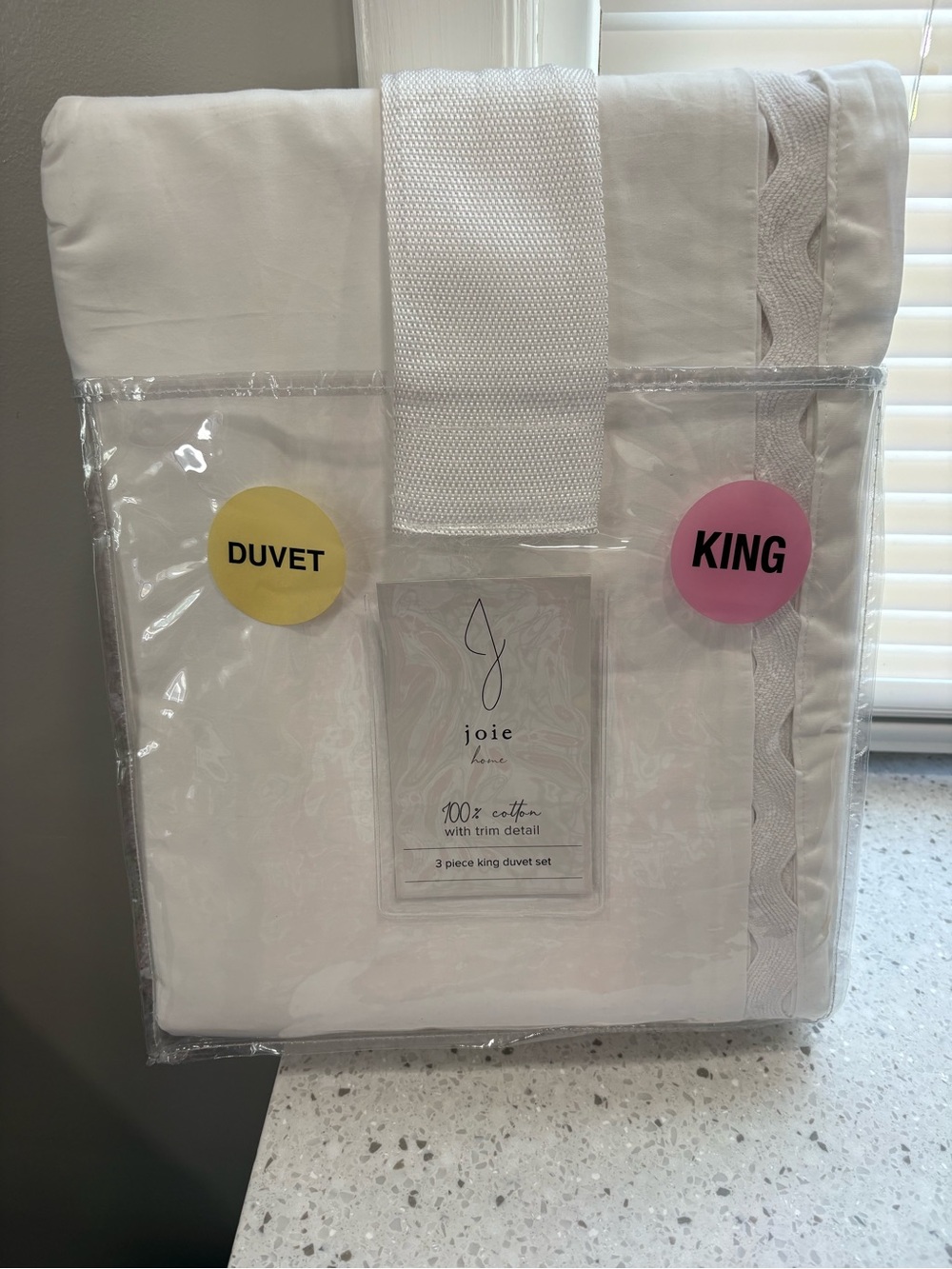 NEW Joie Home 3-piece King Duvet Set, white scalloped trim detail